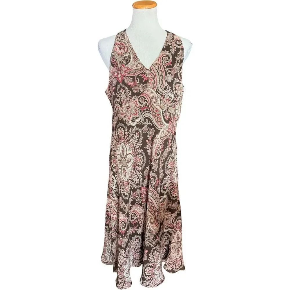 Womens Ann Taylor Brown Paisley and Flower Sleeveles V Neck Silk Midi Dress - 16